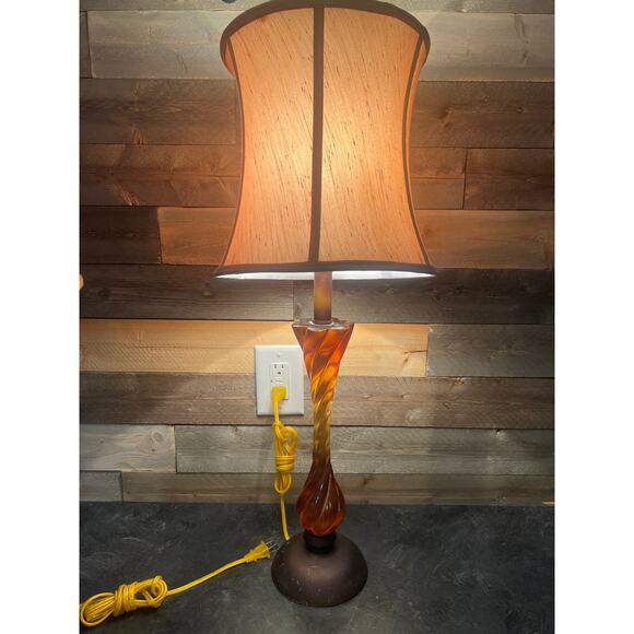 Vintage MCM Lamps Brown Amber Living Room Decor Beige Lamp Shade Set of 2 - Picture 4 of 14